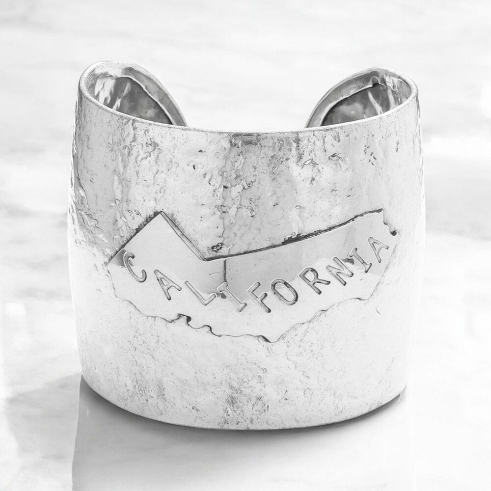 Silver CALIFORNIA State Map Hammered Chunky Wide Cuff Bracelet Bold